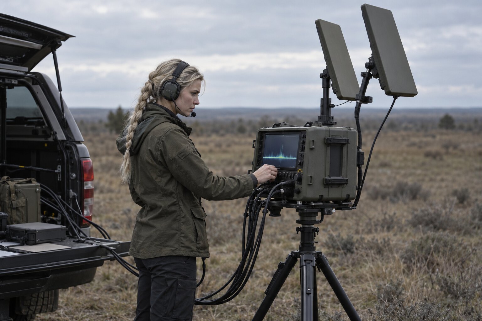 Operator adjusting a directional electronic warfare jammer in an open field